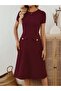 Women's Crew Neck Short Sleeve Elegant Midi Crepe Dress with Pockets - 2