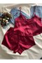 Women's Burgundy Satin Nightgown Set with Shorts - 2