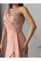 Powder Color One-Shoulder Stone Embellished Flounce Evening Dress - 4