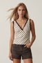 Ecru Brown Strappy Drape Detailed Polka Dot Crop Blouse Alc-X15484