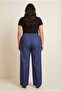 Elastic Waist Denim Look Women's Plus Size Fabric Trousers Blue - 3