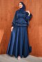Navy Blue Balloon Sleeve Waist Detailed Evening Dress