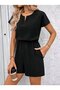 Women's Short-Sleeved V-Neck Short Imported Crepe Jumpsuit with Elastic Waist