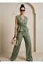 Double Breasted Collar Lace-Up Elastic Zero Sleeve Top Size Elastic Waist Pocket Palazzo Trousers Linen Suit - 4