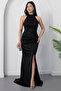 Halter Neck Slit Glitter Dress Drp0013