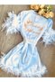 Bride's Name Written on Sleeves and Skirt with Feathers Gold Color Written Bridal Dressing Gown Bride Dressing Gown - 3