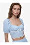 Bürümcük Fabric Lace Detailed Heart Collar Short Balloon Sleeve Gingham Crop Blouse - 2