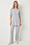 Women's Light Gray Ribbed Short Sleeve Top and Bottom Set Tkm-19000498