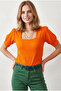 Women's Orange U-Neck Short Sleeve Textured Blouse Blz-19003341 - 3