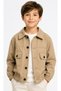 Boy's Beige Color Gabardine Jacket with Front Buttons, Wolf Print on the Back, Elastic Waist and Ankle Parts, and Front Pocket Detail.