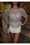 Women's Blouse Sequined Mesh Knit Short Sleeve Metallic Sparkle See-Through Top - 2
