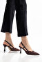 Women's Brown Lace Detailed Pointed Toe Slingback Comfortable Heeled Shoes with Adjustable Back Strap - 3