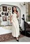 Ecru Women's Polka Dot Square Collar Bow Long Dress - 4