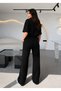 Black Short Sleeve Crew Neck Relaxed/Casual Fit Modal Top and Bottom Set - 5