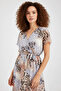 Women's Short Sleeve Belted Patterned Chiffon Gray Dress - 3