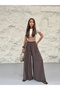Women's Brown High Waist Velcro Detailed Wide Leg Palazzo Trousers