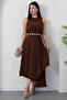 Crew Neck Chain Belted Crepe Dress Grs3992 - 6
