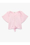 Short Sleeve V-Neck Linen and Viscose Blend Tie-Up Blouse - 4