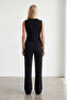 Women's black crew neck gold button blouse and pants set alc-x15535 - 4