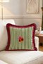 Green Cream Striped Rose Bouquet Fringed Throw Pillow Cover - Vintage Pillowcase with Burgundy Tassels - 4