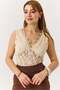 Women's Transparent Guipure Backless Thick Strap Blouse Beige