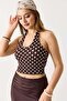 Women's Halter Neck Polka Dot Crop Blouse Brown