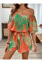 Women's open shoulder, madonna collar, belted waist, patterned short supreme jumpsuit - 2