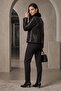 Black Horizontal Trim Shiny Genuine Leather and Fur Women's Coat - 3