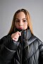 Water Repellent Stand Collar Zippered Faux Leather Puffer Coat Girls F0054A825Au - 4