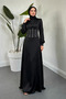 Satin Evening Dress with Stones on the Sleeves and Waist in Black - 4