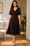 Women's Double Breasted Collar Short Sleeve Floral Patterned Tulle Waist Fitted Brown Midi Dress - 4