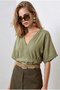 Women's Khaki Boho Lace Detailed Flam Cotton Blouse Blz-19003370 - 2