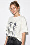 Women's White 100% Cotton Star and Embossed Print Detailed Oversize Basic T-Shirt Öt100019 60286294 - 4