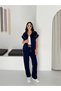 Women's Stripe Detailed Vest Suit with Zipper, Loose Cut, Wide Leg Pants and Top Set