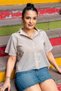 Women's Beige Striped Short Sleeve Shirt with Slit Detail - 2