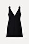 Women's Black Fitted V-Neck Linen Blend Mini Dress