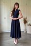 V-Neck Waist-Slit Flared Midi Diver Fabric Navy Blue Dress - 5