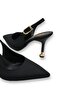 Women's Black Leather Open Back Pointed Toe Buckle Goblet Heeled Shoes - 2