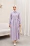 Striped Linen Dress with Shirt Collar, Half Buttons, Buckle Side Tie -Lilac