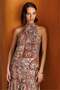 4932 Women's Floral Shawl Patterned Halter Neck Flounce Midi Dress Brown - 3
