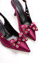 Fuchsia Satin Bow Open-Back Heeled Shoes with Eyelet Accessories - 5