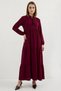 Women's High Collar Gathered Waist Ruffled Lace-Up Burgundy Hijab Dress - 2