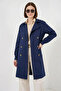 Women's Double-Breasted Collared Belted Navy Blue Trench Coat - 3