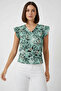 Women's V-Neck Ruffle Sleeve Floral Patterned Green Blouse - 3