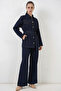 Women's Shirt Collar Belted Cotton Navy Blue Double Set - 5