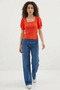 Women's Square Neck Short Sleeve Puffy Orange Blouse - 3