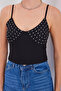 Women's Strappy Dotted Pattern Cotton Black Crop Top - 2
