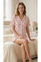 Women's Pink Fuchsia Ribbon Patterned Buttoned Shorts Pajama Set Short Sleeve V-Neck Home Wear Set - 2