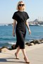 Women's Plus Size 100% Cotton Midi Pencil Dress Tie Detail Crew Neck Short Sleeve Bodycon - 2