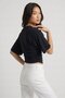 Black Crew Neck Gathered Waist Bat Sleeve Crop Blouse - 6